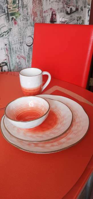 Фотография покупателя товара Набор фарфоровой посуды Доляна «Космос», 16 предметов: 4 тарелки d=21 см, 4 тарелки d=27,5 см, 4 миски d=13 см, 4 кружки 400 мл, цвет оранжевый