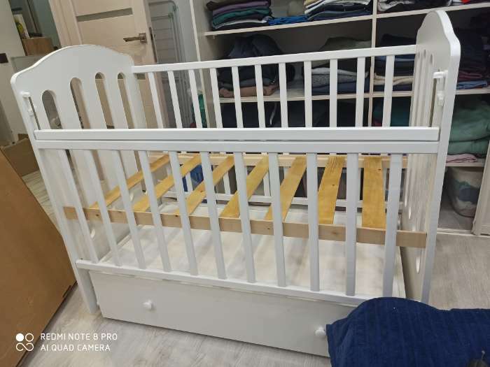 Фотография покупателя товара Детская кроватка «Чудо» на маятнике, с ящиком, цвет белый - Фото 9