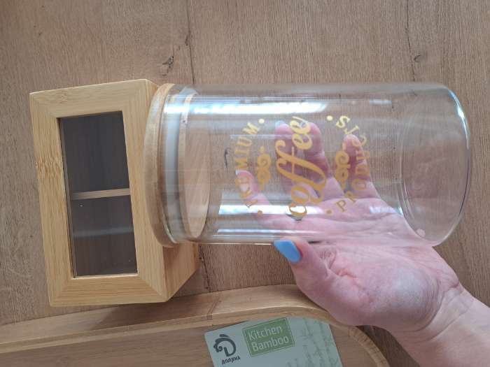 Фотография покупателя товара Банка стеклянная для сыпучих продуктов с бамбуковой крышкой «Эко. Кофе», 1 л, 10×15 см