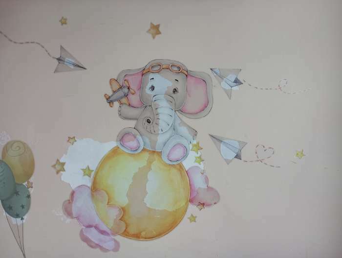 Фотография покупателя товара Наклейка интерьерная цветная «Слонёнок с самолётом», набор 2 листа, 30×60 см - Фото 1