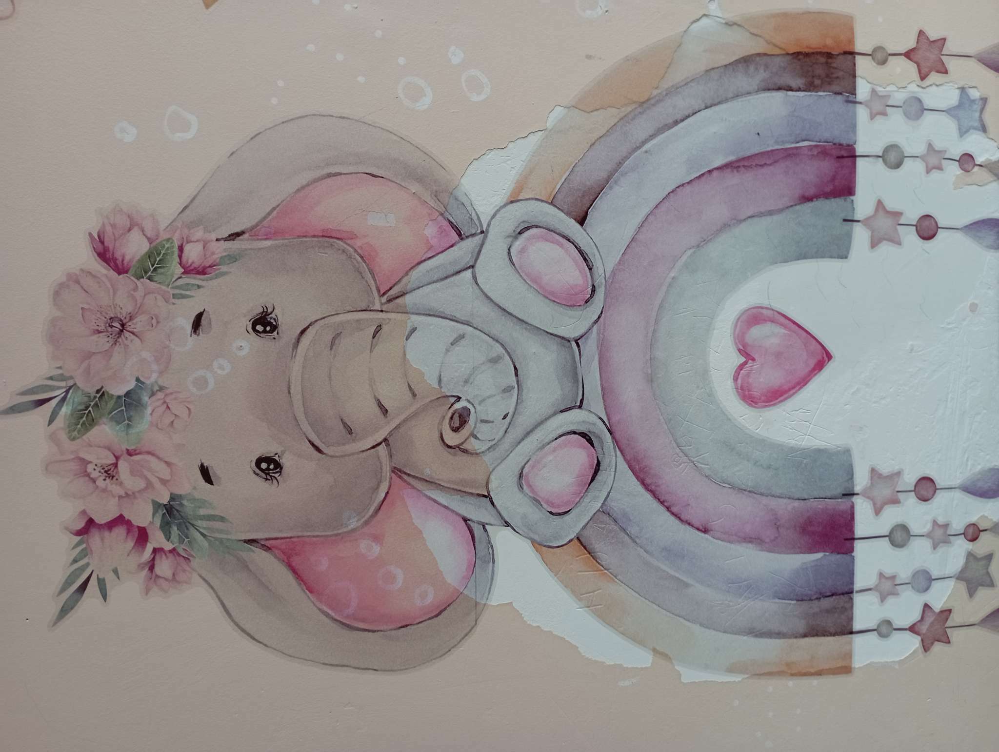 Фотография покупателя товара Наклейка интерьерная цветная «Слонёнок на радуге с венком», набор 2 листа, 30×60 см - Фото 1