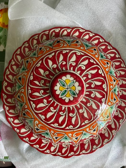 Фотография покупателя товара Блинница Риштанская Керамика "Цветы", 24 см, красный