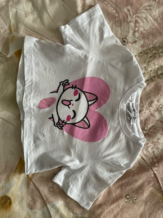 Фотография покупателя товара Футболка для девочки укороченная KAFTAN «Котик», белая, рост 122-128 см - Фото 2