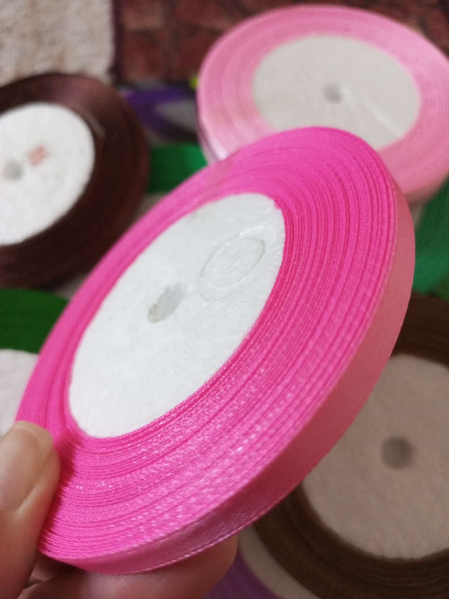 Фотография покупателя товара Лента атласная, 6 мм × 30 ± 1 м, цвет розовый
