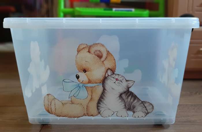 Фотография покупателя товара Контейнер для хранения «Мишка и котёнок», 35 л, 50,5×31,5×28 см, на колёсиках, цвет прозрачный