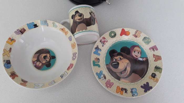 Фотография покупателя товара Набор детской посуды из керамики Доляна «Пони», 3 предмета: кружка 230 мл, миска 400 мл, тарелка d=18 см - Фото 2