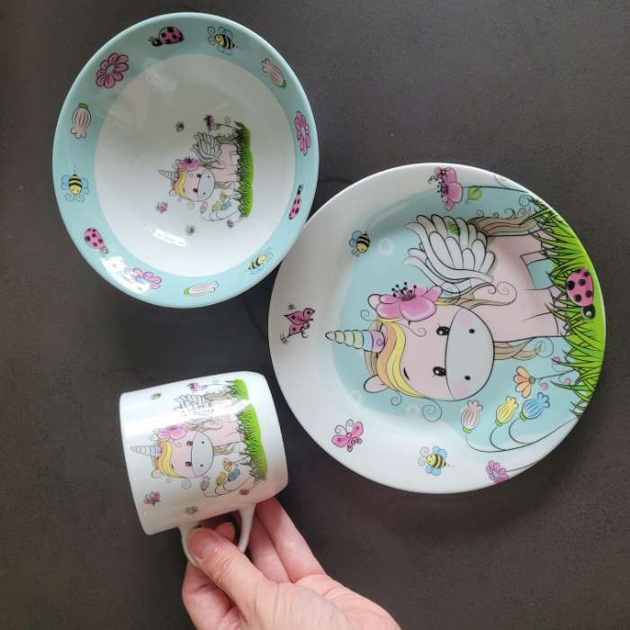Фотография покупателя товара Набор детской посуды из керамики Доляна «Единорожка», 3 предмета: кружка 230 мл, миска 400 мл, тарелка d=18 см - Фото 4
