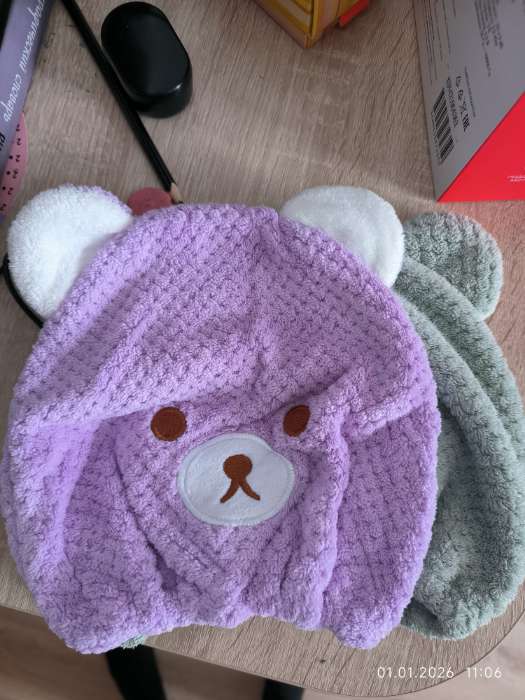 Фотография покупателя товара Чалма для сушки волос Доляна «Медвежонок», микрофибра, фиолетовая - Фото 3