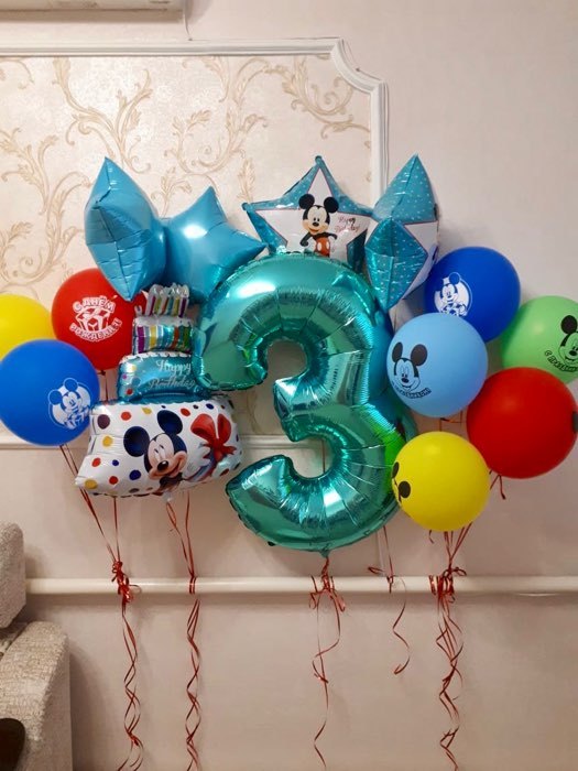 Фотография покупателя товара Букет из шаров фольгированных "Happy Birthday", набор 5 шт, Микки Маус, 4 звезды, тортик - Фото 3