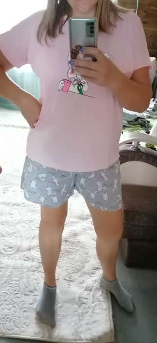 Фотография покупателя товара Комплект домашний женский "Зайчики" (футболка/шорты), цвет розовый/серый, размер 52
