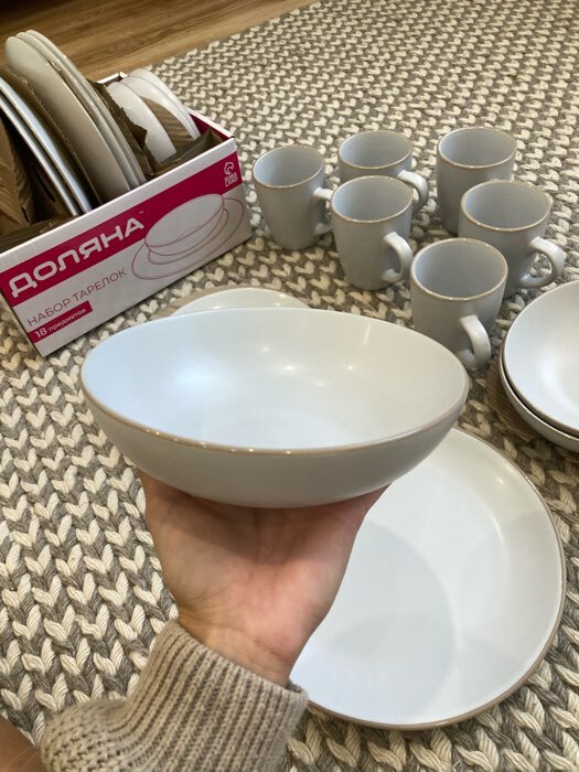 Фотография покупателя товара Набор тарелок керамических Доляна «Ваниль», 18 предметов: 6 тарелок d=19 см, 6 тарелок d=27 см, 6 мисок d=19 см, цвет белый - Фото 6
