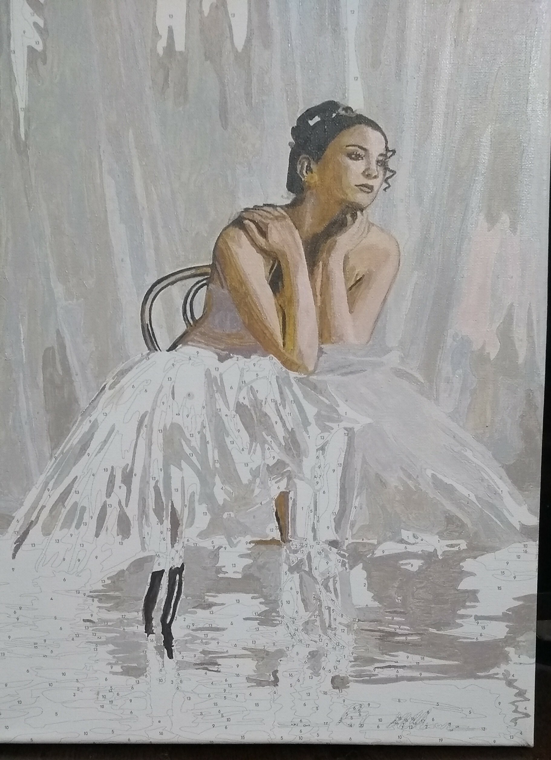 Фотография покупателя товара Роспись по холсту «Балерина сидящая на стуле»по номерам с красками по3 мл+ кисти+крепёж, 30×40 см