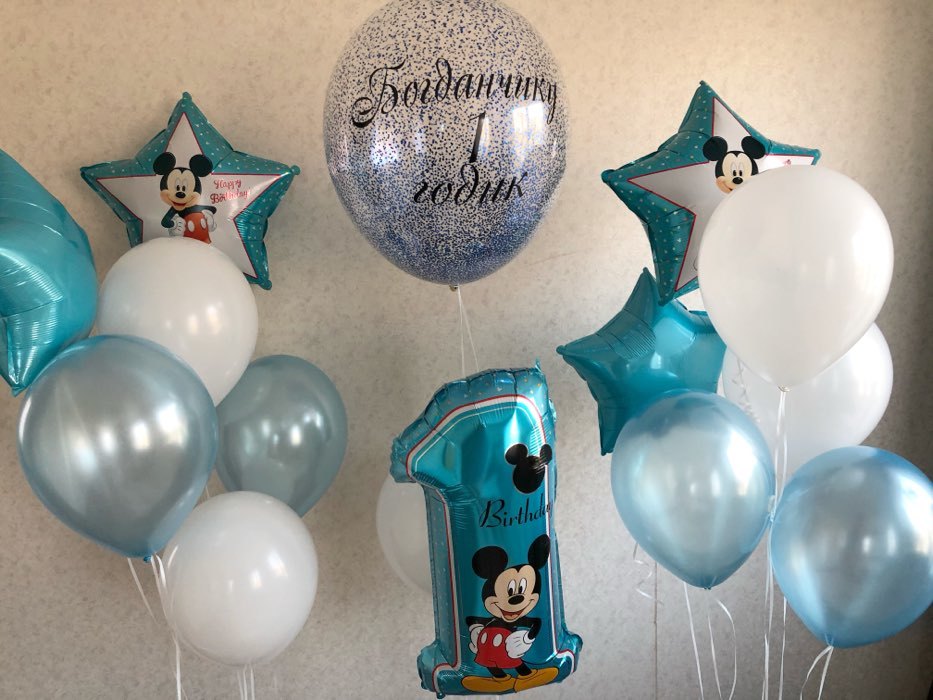 Фотография покупателя товара Букет из шаров фольгированных "Happy Birthday", набор 5 шт, Микки Маус, 4 звезды, единичка - Фото 13