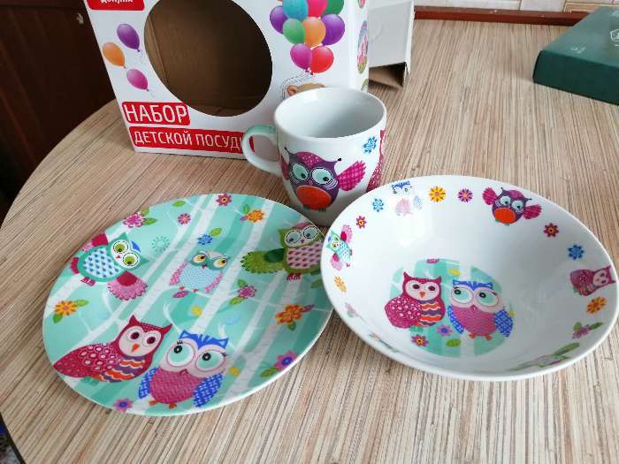 Фотография покупателя товара Набор детской посуды из керамики Доляна «Совушки», 3 предмета: кружка 230 мл, миска 400 мл, тарелка d=18 см, цвет белый - Фото 7