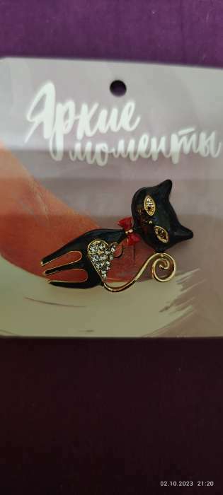 Фотография покупателя товара Брошь «Кошечка» с сердечком, цвет чёрный в золоте - Фото 2