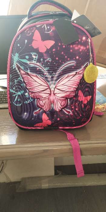 Фотография покупателя товара Рюкзак каркасный школьный, 38 х 30 х 16 см, 3D-рисунок, Calligrata Т "Неоновая бабочка", фиолетовый - Фото 2