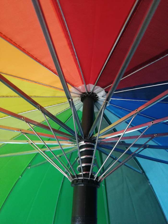 Фотография покупателя товара Зонт - трость полуавтоматический «Радужное настроение», эпонж, 16 спиц, R = 48 см, разноцветный - Фото 16