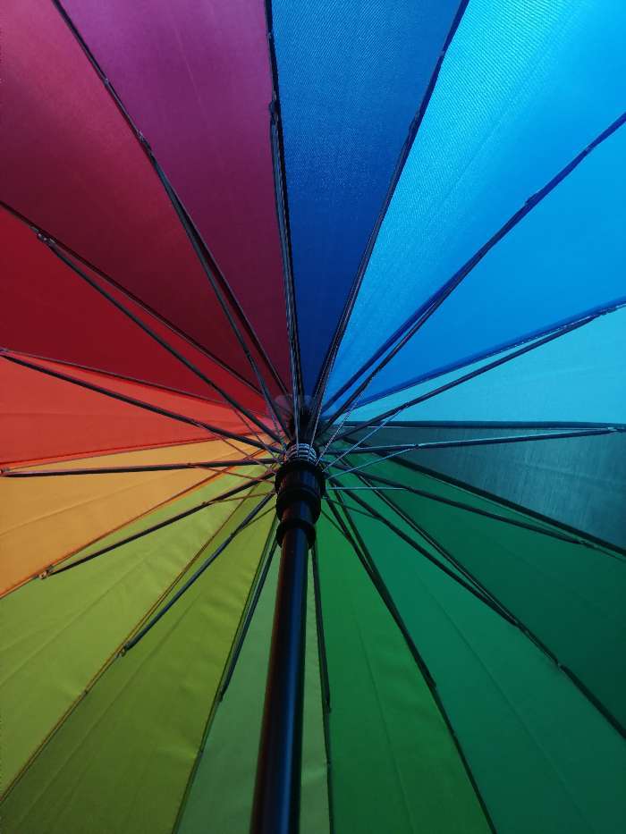 Фотография покупателя товара Зонт - трость полуавтоматический «Радужное настроение», эпонж, 16 спиц, R = 48 см, разноцветный