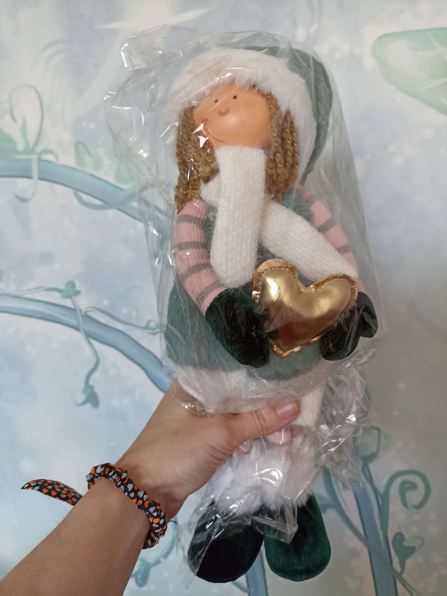 Фотография покупателя товара Кукла интерьерная "Ангелок в шубке и колпаке бирюзового цвета, с сердцем" 56х11х14 см - Фото 1