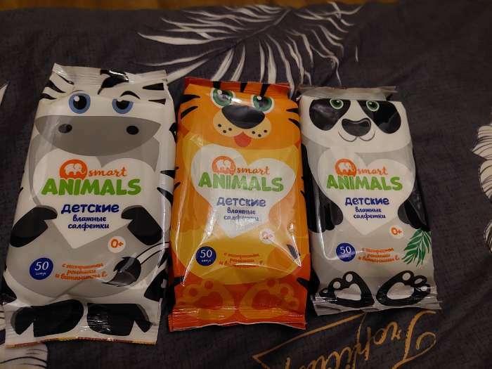 Фотография покупателя товара Влажные салфетки Smart animals №50 детские с ромашкой и витамином Е mix - Фото 1