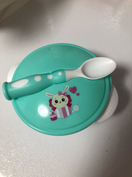 Фотография покупателя товара Набор детской посуды «Зайчик», 3 предмета: тарелка на присоске, крышка, ложка, цвет бирюзовый - Фото 2
