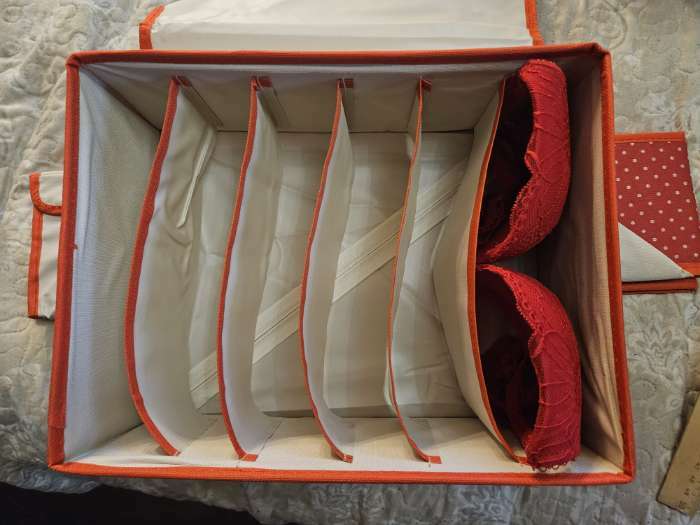 Фотография покупателя товара Набор органайзеров для хранения белья с крышкой «Горох», 3 шт, 32×24×12 см, цвет красный