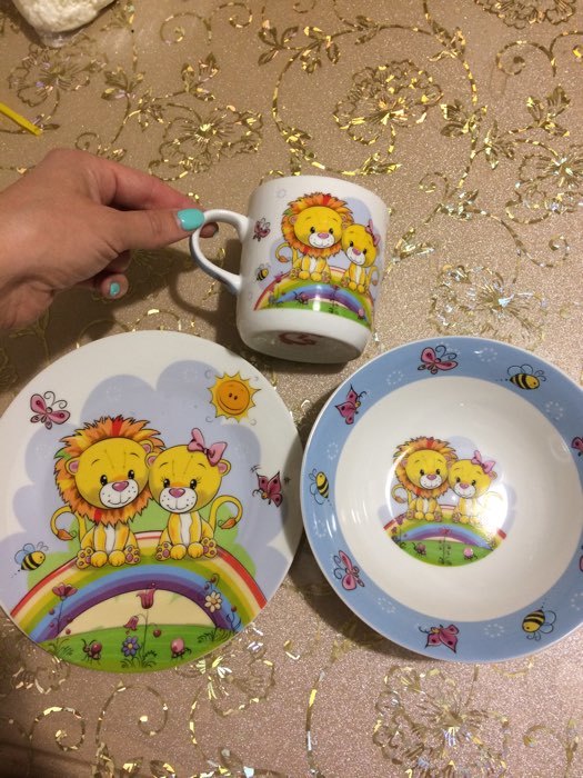 Фотография покупателя товара Набор детской посуды Доляна «Львята», 3 предмета: кружка 230 мл, миска 400 мл, тарелка d=18 см, цвет белый - Фото 1