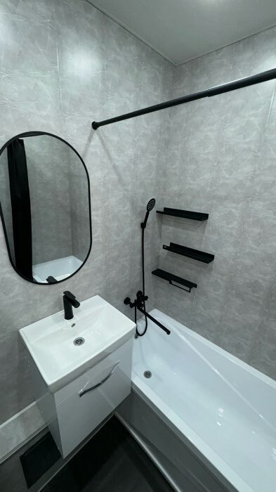 Фотография покупателя товара Смеситель для ванны ZEIN ZF3, излив 35 см, с душ набором, нержавеющая сталь, черный - Фото 1