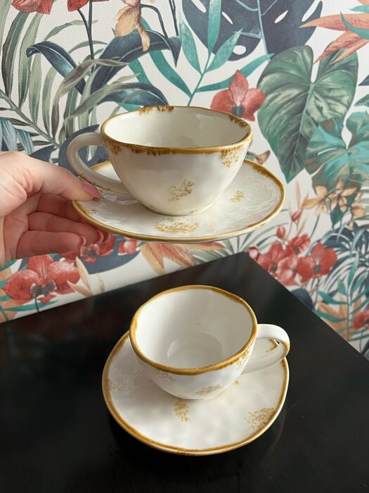 Фотография покупателя товара Чайная пара фарфоровая Доляна Organic Gold, 2 предмета: чашка 230 мл, блюдце d=16 см, цвет белый - Фото 1