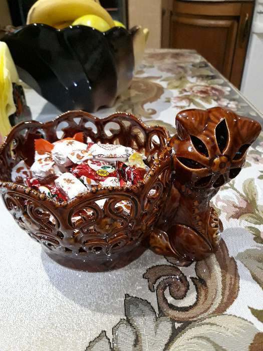 Фотография покупателя товара Конфетница "Котик", коричневая, сквозная резка, керамика, 13 см - Фото 1