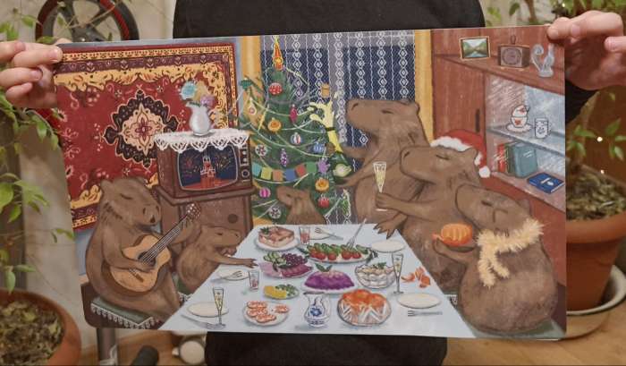 Фотография покупателя товара Салфетка сервировочная кухонная Доляна «Капибары - новогодний ужин», настольное покрытие, 26×41 см