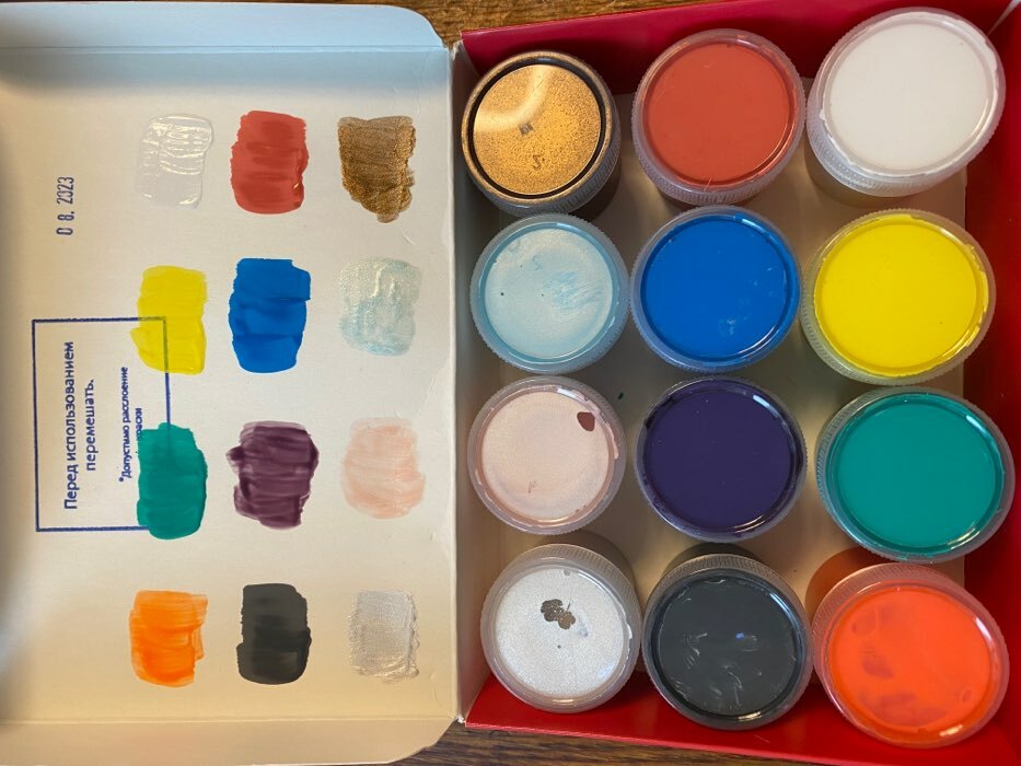 Фотография покупателя товара Краска акриловая, набор 12 цветов х 20 мл, Calligrata Mix : 6 стандарных ; металлик, перламутровый, флуоресцентный, с блестками, морозостойкий