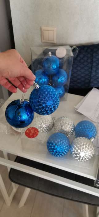 Фотография покупателя товара Набор шаров пластик d-8 см, 6 шт "Мелания" серебро синий