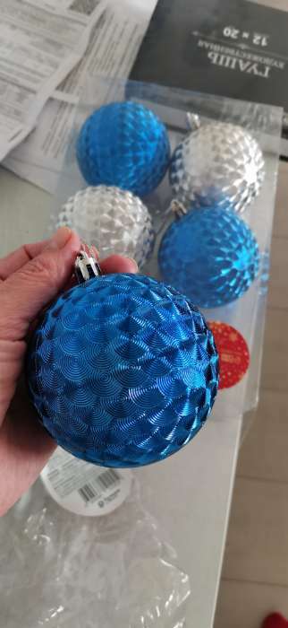 Фотография покупателя товара Набор шаров пластик d-8 см, 6 шт "Мелания" серебро синий