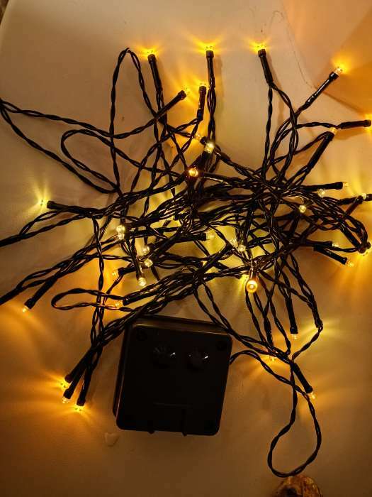 Фотография покупателя товара Гирлянда «Нить» 5 м, IP44, тёмная нить, 50 LED, свечение жёлтое/тёплое белое, 2 режима, солнечная батарея - Фото 1