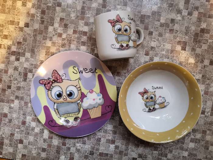 Фотография покупателя товара Набор детской посуды из керамики Доляна «Совёнок», 3 предмета: кружка 230 мл, миска 400 мл, тарелка d=18 см - Фото 4