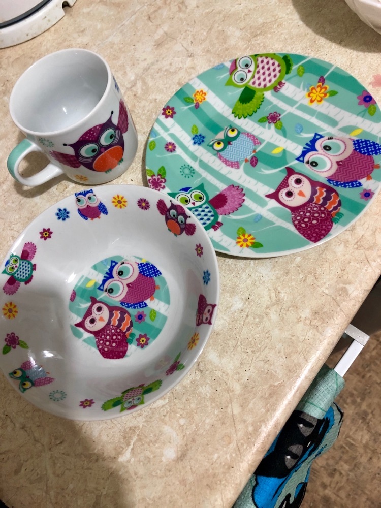 Фотография покупателя товара Набор детской посуды из керамики Доляна «Совушки», 3 предмета: кружка 230 мл, миска 400 мл, тарелка d=18 см, цвет белый