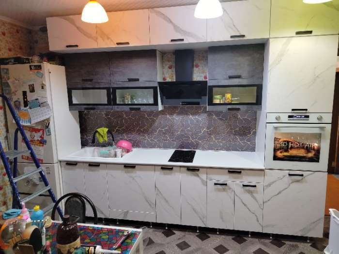 Фотография покупателя товара Кухня трехуровневая под потолок 3000 Техно, Мрамор белый/Бетон графит - Фото 5