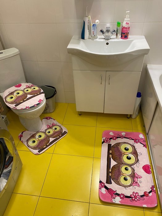 Фотография покупателя товара Набор ковриков для ванной и туалета Доляна «Совушки на ветке», 3 шт: 38×45, 40×43, 43×73 см, цвет розовый - Фото 1