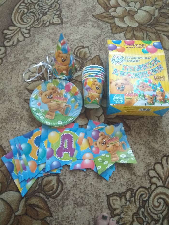 Фотография покупателя товара Набор бумажной посуды «С днём рождения», мишка с шарами: 6 тарелок, 6 стаканов, 6 колпаков, 1 гирлянда - Фото 4