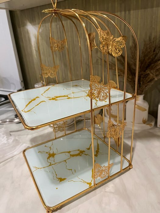 Фотография покупателя товара Подставка под десерты 2-х ярусная «Мрамор», 21×21×43 см, цвет металла золотой - Фото 2