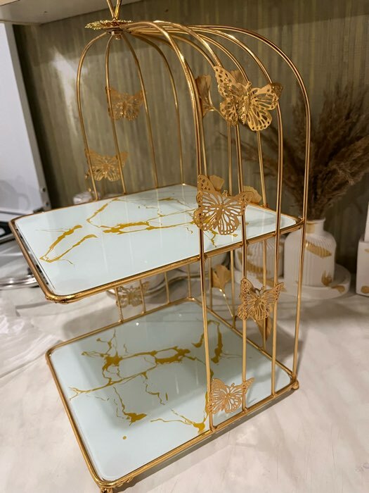 Фотография покупателя товара Подставка под десерты 2-х ярусная «Мрамор», 21×21×43 см, цвет металла золотой - Фото 1
