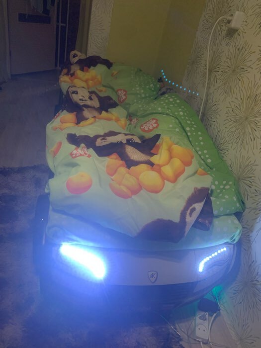 Фотография покупателя товара Кровать машина «Турбо Полиция», подъёмный матрас, подсветка дна и фар, пластиковые колёса
