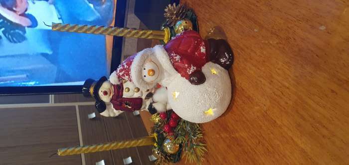Фотография покупателя товара Сувенир керамика свет "Снеговик в красном пуховике со снежным шаром" 10,8х8х13,7 см - Фото 1
