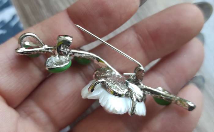 Фотография покупателя товара Брошь «Ветвь» расцветающая, цвет бело-зелёный в серебре