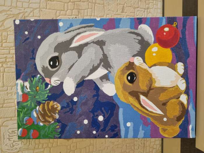 Фотография покупателя товара Новогодняя картина по номерам на холсте с подрамником «Новый год! Кролики по ёлкой», 20 х 30 см - Фото 1