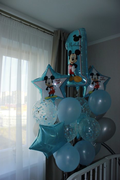 Фотография покупателя товара Букет из шаров фольгированных "Happy Birthday", набор 5 шт, Микки Маус, 4 звезды, единичка - Фото 10