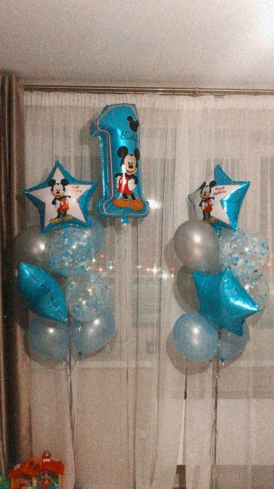 Фотография покупателя товара Букет из шаров фольгированных "Happy Birthday", набор 5 шт, Микки Маус, 4 звезды, единичка - Фото 11