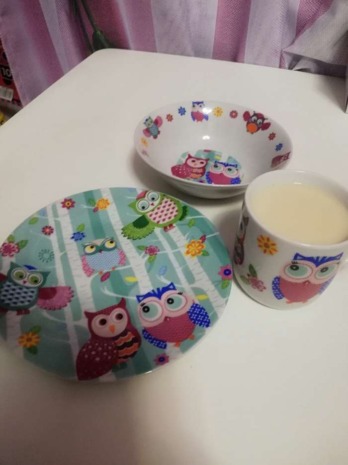 Фотография покупателя товара Набор детской посуды из керамики Доляна «Совушки», 3 предмета: кружка 230 мл, миска 400 мл, тарелка d=18 см, цвет белый - Фото 5