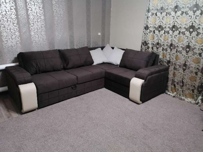 Фотография покупателя товара Угловой диван «Николь», правый, механизм дельфин, велюр / экокожа, цвет серый / чёрный - Фото 2